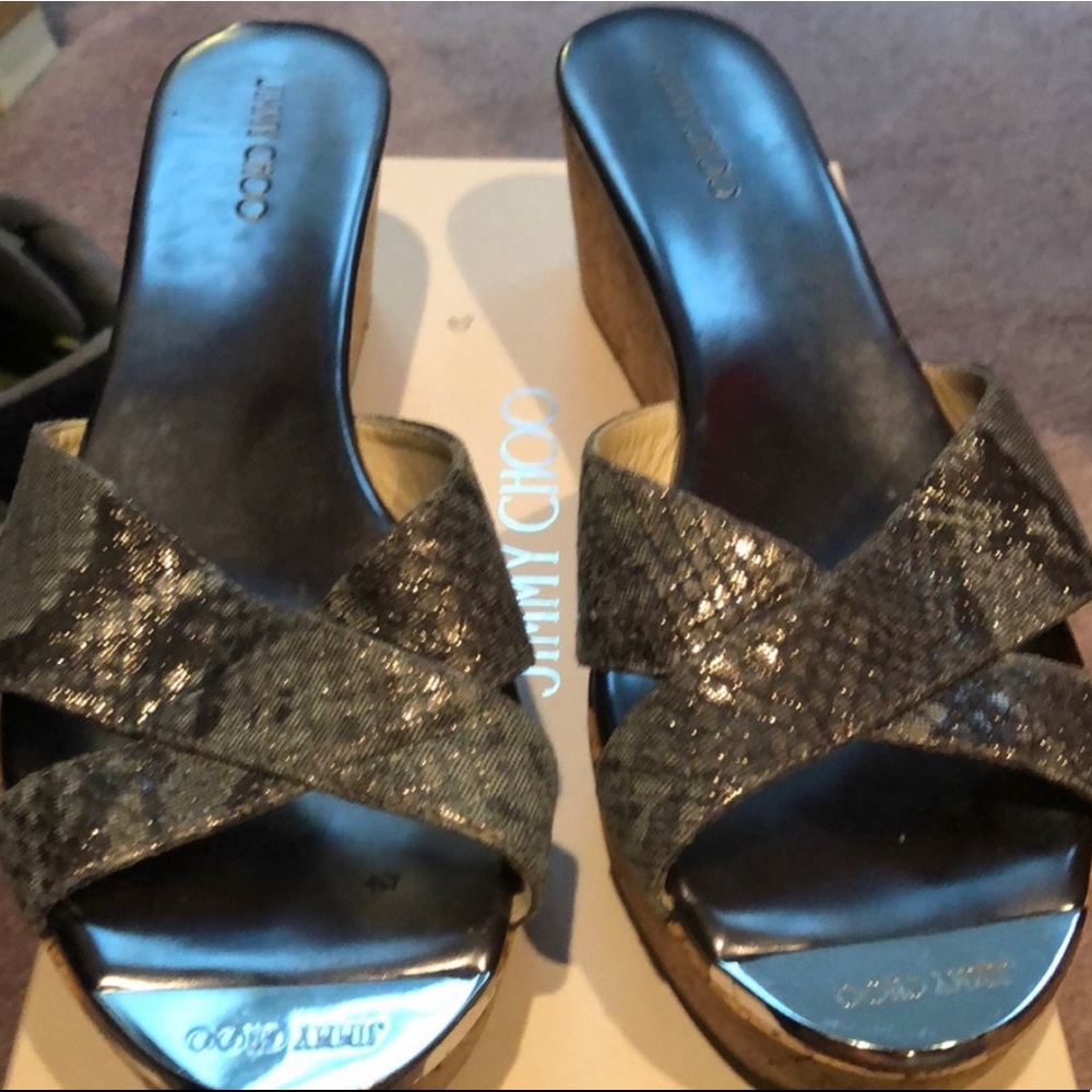 Jimmy Choo snake skin print wedge cork heels